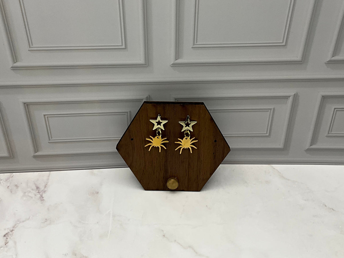 Gold Star Earrings With Spiders