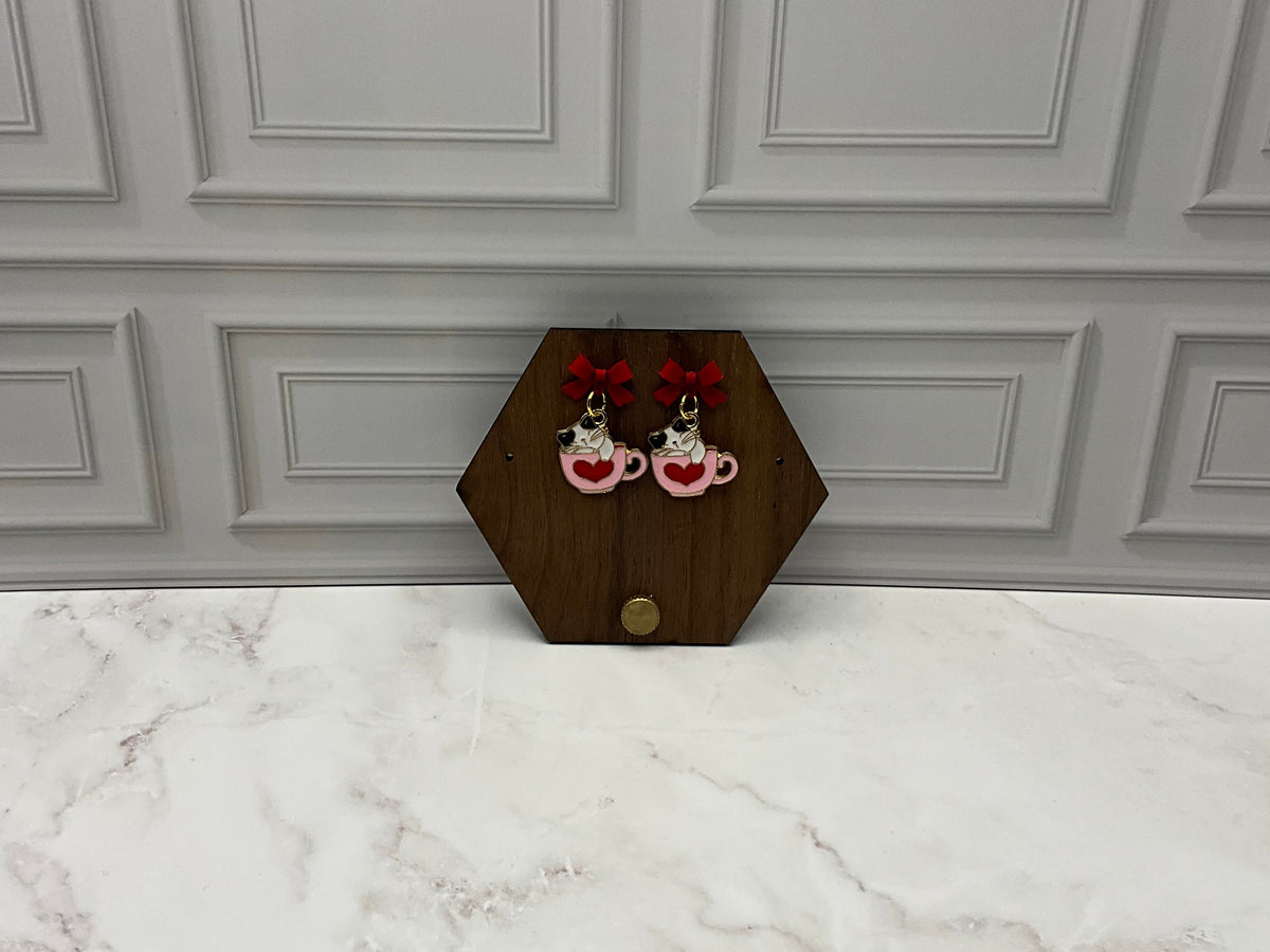 Cat Coffee Mug Earrings With Red Bows
