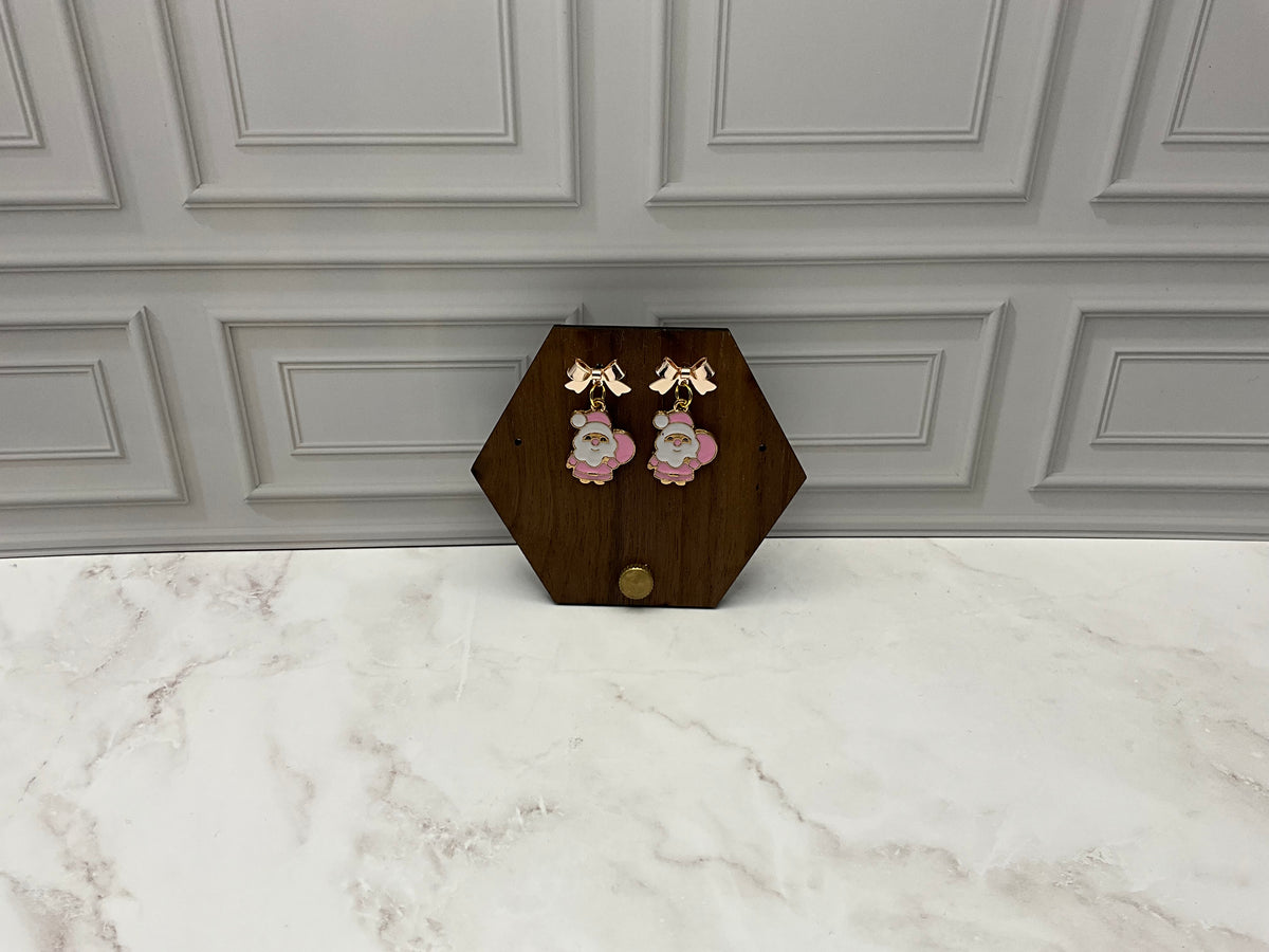Pink Santa Earrings With Gold Bows