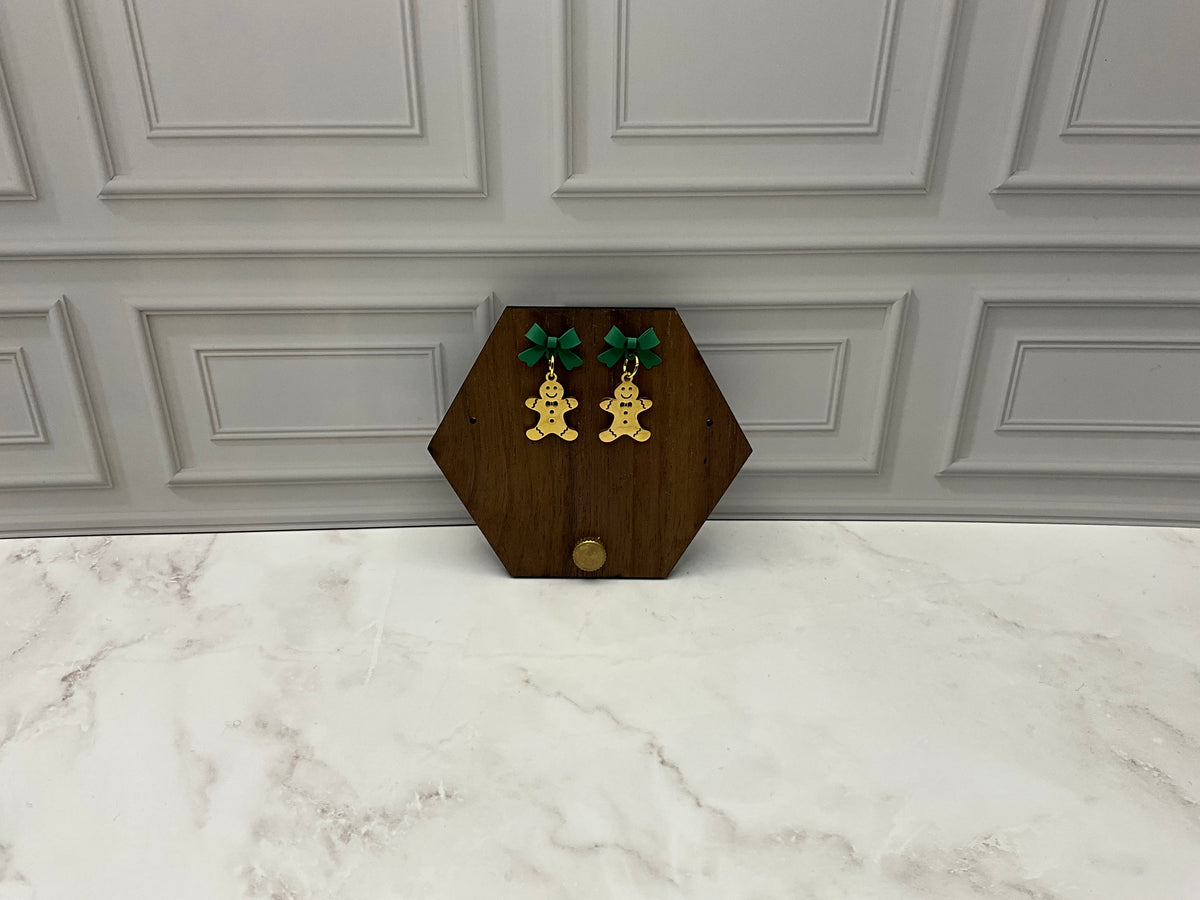 Gold Gingerbread Earrings With Green Bows