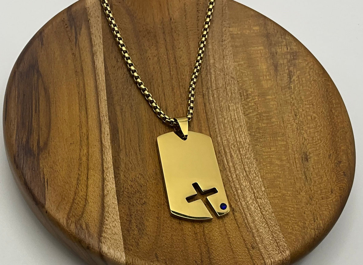 Gold Cross Dog Tag Pendant Necklace