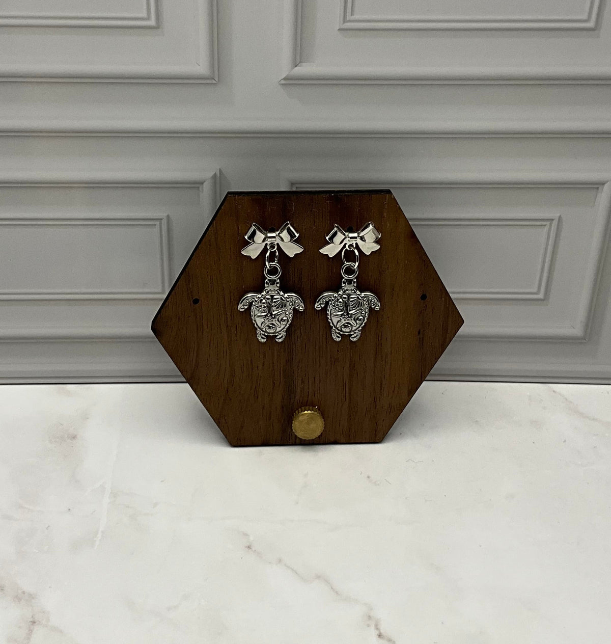 Silver Turtle Earrings With Silver Bows