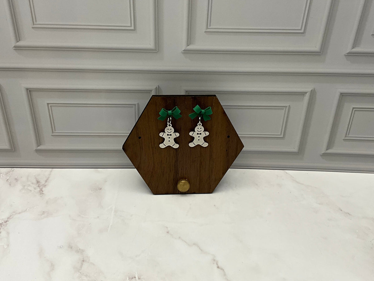 Silver Gingerbread Men Earrings With Green Bows