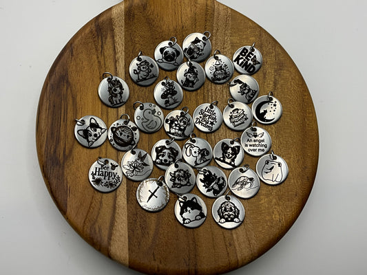 Silver disk charms engraved