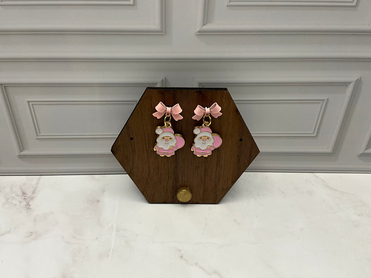 Gold Santa Claus Earrings With Pink Bows