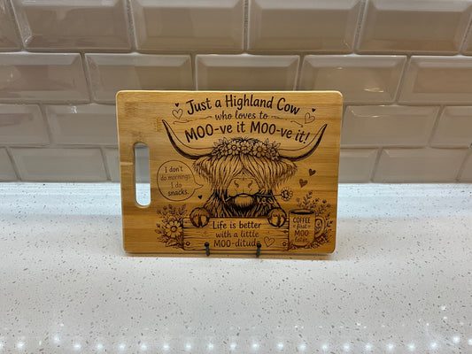 Large Bamboo Cutting Board – Highland Cow Moo-ve It Moo-ve It